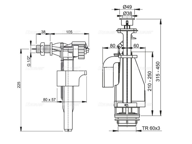 Выпускной комплект Alca Plast, с двойной кнопкой, подключение 1/2" (SA08AK 1/2" CHROM)