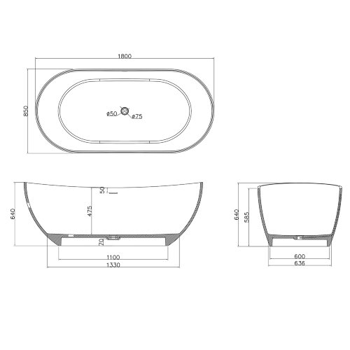 Ванна из искусственного камня Azario JENNER 1800x850x640 свободностоящая белая матовая, с белым мато