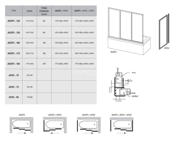 Шторка для ванны раздвижная Ravak AVDP3 150х138 цвет профиля белый (40VP010241)