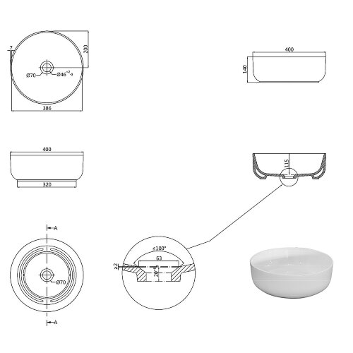 Раковина-чаша Creo Ceramique 400х400х140 накладная, круглая, керамика, серый матовый (PU4400SG)