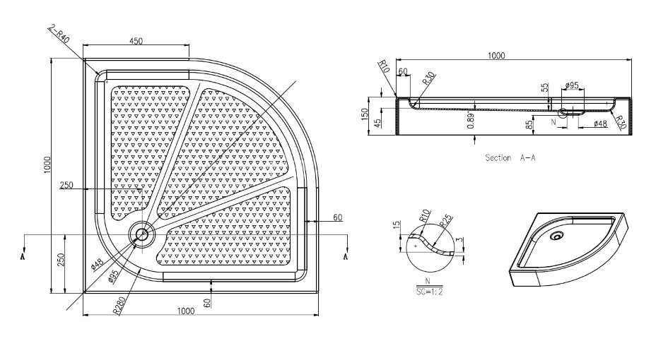 Душевой поддон Azario 1000х1000х150 R/L, для EDMONTON 2231/OTTAWA 2142 1000