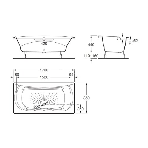 Ванна чугунная Roca AKIRA 170х85, противоскользящее покрытие, отверстие для ручки