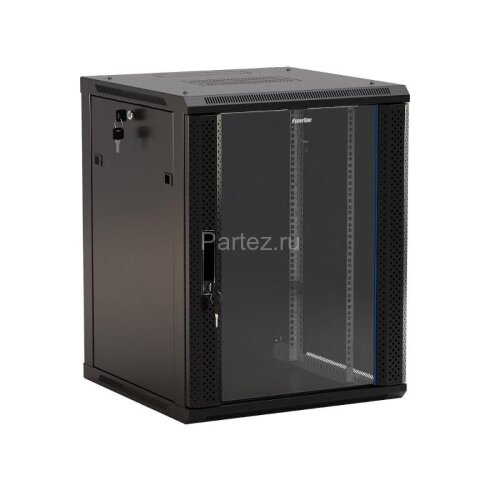 Шкаф настенный TWB-1245-GP-RAL9004 19дюйм 12U 650х600х450мм стеклян. дверь с перфорацией по бокам ру