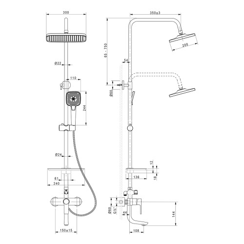 Смеситель Lemark Aura LM0662CH для ванны и душа с регулируемой высотой штанги и верхней душевой лейк