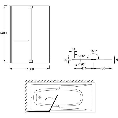 Шторка для ванны распашная Jacob Delafon ADEQUATION 100х140 цвет профиля черный (E4931-BL)