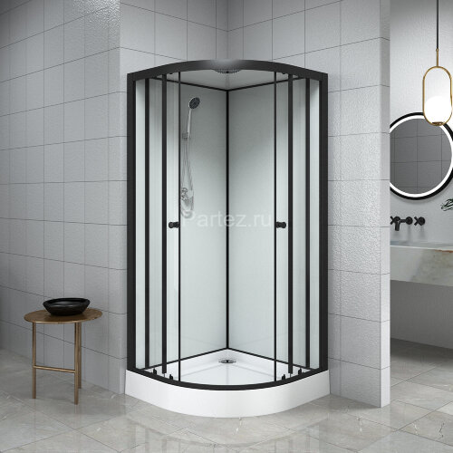 Душевая кабина Loranto NEO 90x90x(190+15) с низким поддоном 15см, прозрачное закаленное стекло 5 мм, задниt стеклянные стенки белые, профиль черный-ма