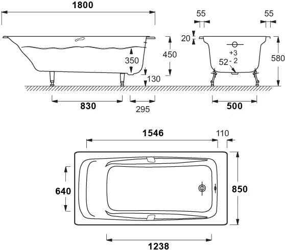Ванна чугунная Jacob Delafon REPOS 180х85 без антискользящего покрытия, без отверстий для ручек (E29