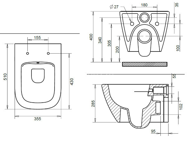 Унитаз подвесной Turavit LUNA 355х510х285 в комплекте с тонким, быстросъемным сиденьем микролифт (LN