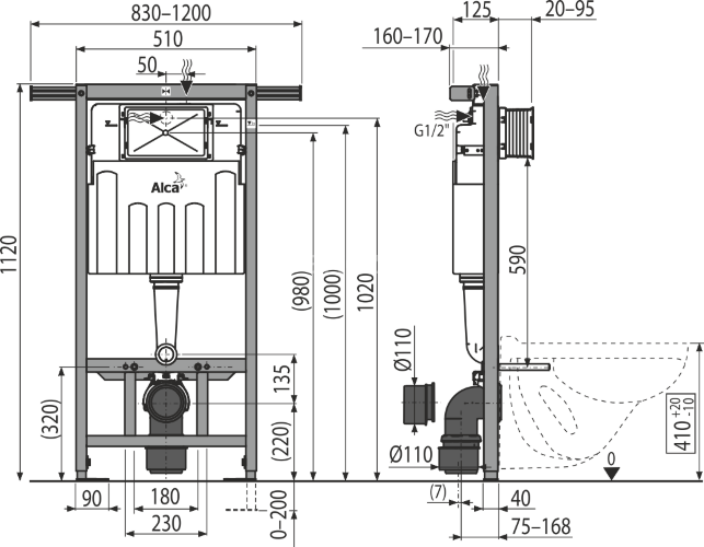 Скрытая система инсталляции Alcaplast AM102 Jadroмodul, для сухой установки, высота монтажа 1,12 м (
