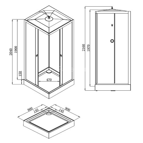 Душевая кабина Loranto NEO 90x90x(190+15) с низким поддоном 15см, прозрачное закаленное стекло 5 мм, задние стеклянные стенки белые, профиль черный-ма
