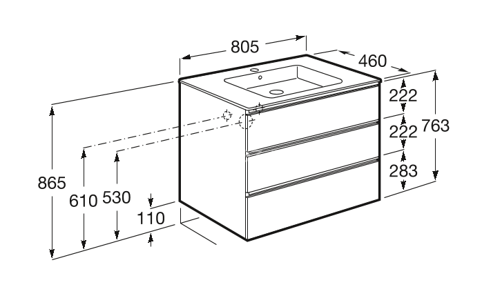 THE GAP Модуль д/раковины 800 мм, 3 ящика, белый глянец